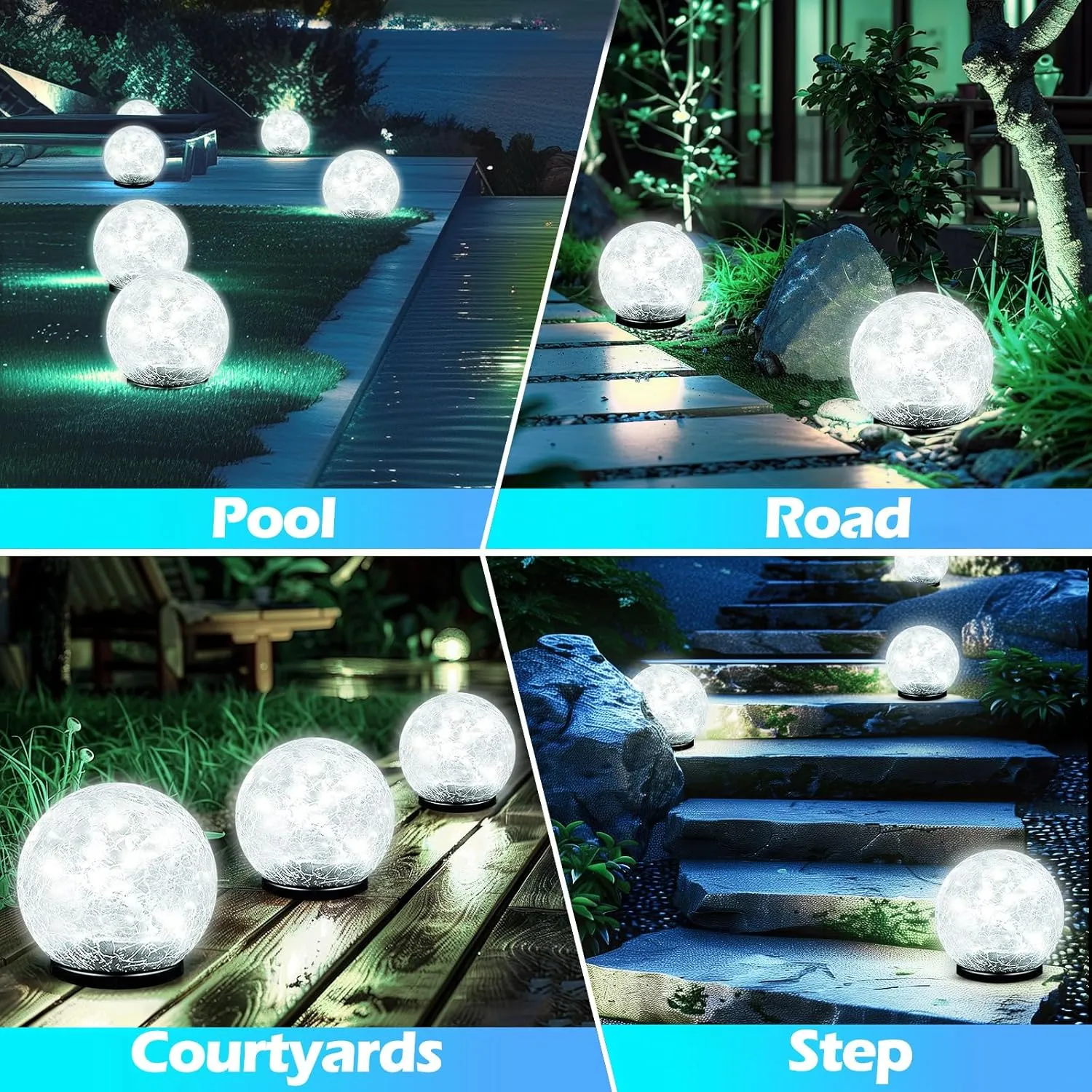 Garden Solar Ball Lights Outdoor Waterproof, 50 LED Cracked Glass Globe Power Ground for Path Yard Patio Lawn, Outdoor Decoration Landscape White (2 Pack 4.7'')