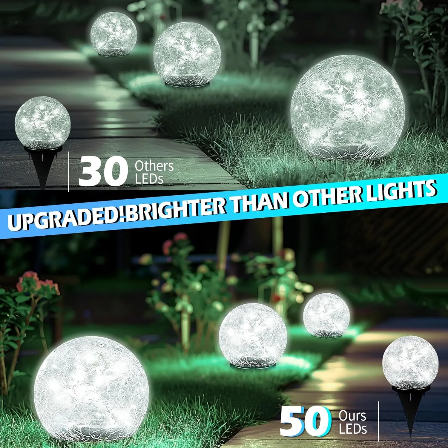 Garden Solar Ball Lights Outdoor Waterproof, 50 LED Cracked Glass Globe Power Ground for Path Yard Patio Lawn, Outdoor Decoration Landscape White (2 Pack 4.7'')