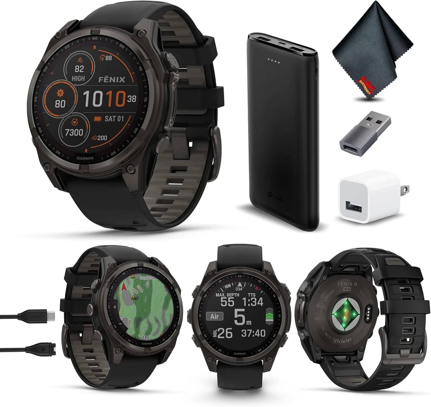 Garmin Fenix 8 47MM Solar Sapphire Multisport GPS Smartwatch Carbon Gray DLC Titanium with Black Gray Silicone Band, Built-in LED Flashlight, Health & Fitness Smart Watch Bundle for Men & Women