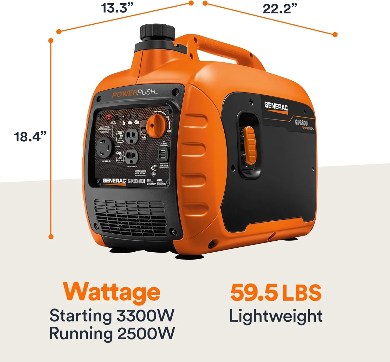 Generac 3,300-Watt Gas-Powered Portable Inverter Generator - Lightweight Design - USB Ports for Mobile Device Charging - COsense Technology - Perfect for Home use - Orange/Black
