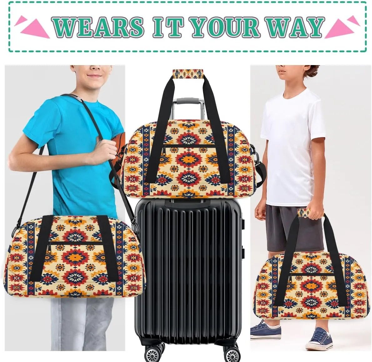 Geometric Aztec Kids Overnighter Duffel Bags for Boys, Carry-On Size Sports Gym Bag with Front Zipper Pocket for School Practice or Overnight Travel Weekender Sleepover Tote Bag