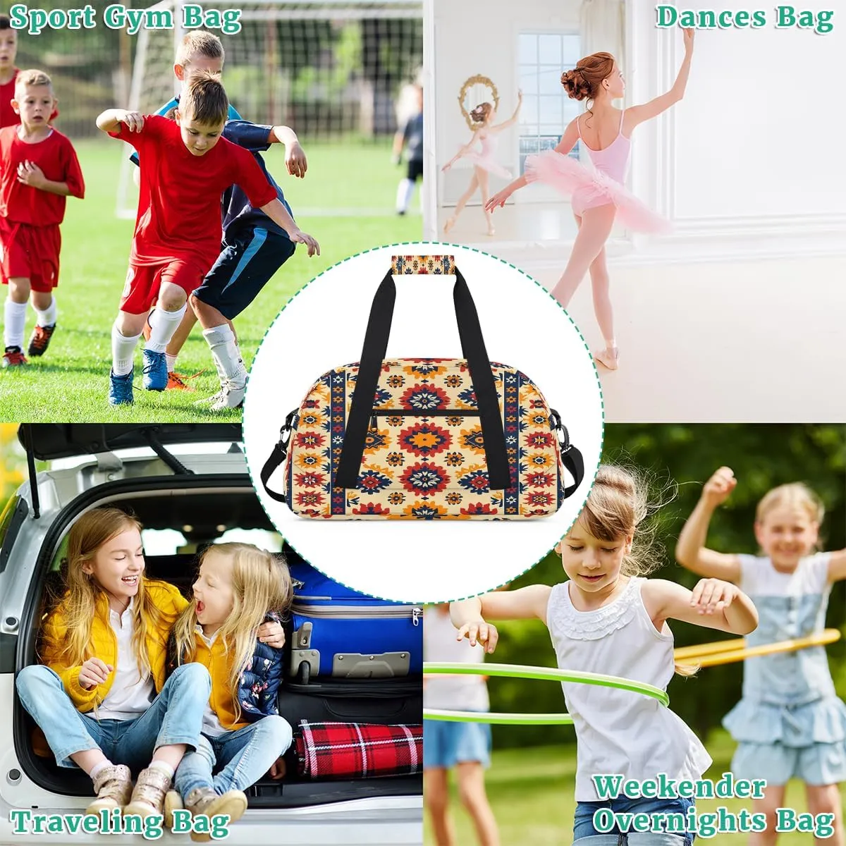 Geometric Aztec Kids Overnighter Duffel Bags for Boys, Carry-On Size Sports Gym Bag with Front Zipper Pocket for School Practice or Overnight Travel Weekender Sleepover Tote Bag