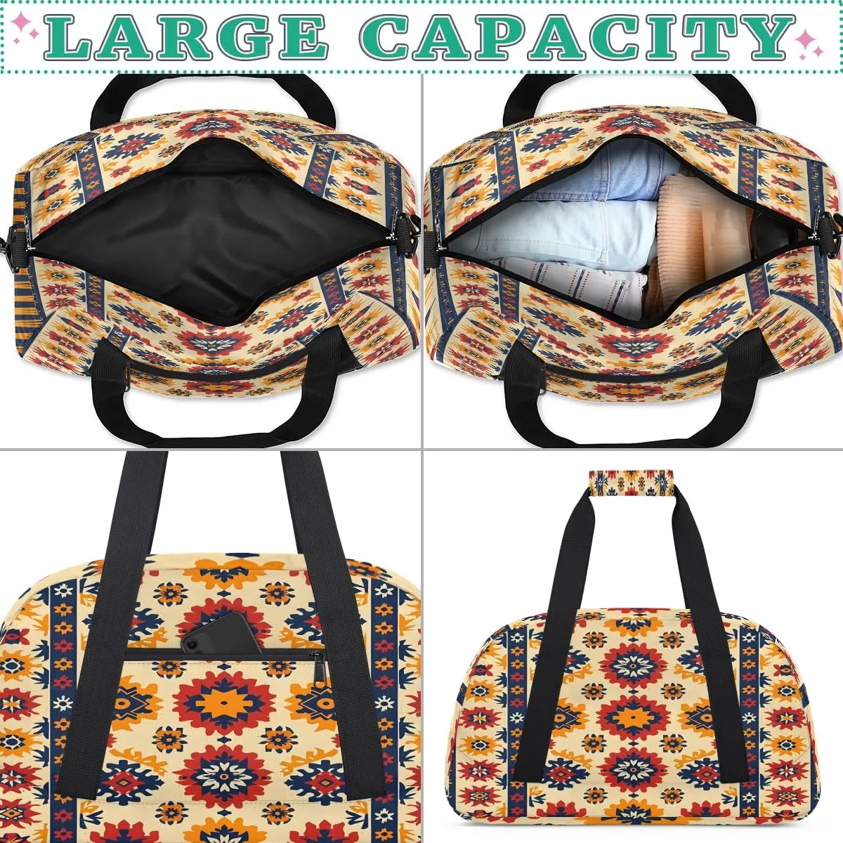 Geometric Aztec Kids Overnighter Duffel Bags for Boys, Carry-On Size Sports Gym Bag with Front Zipper Pocket for School Practice or Overnight Travel Weekender Sleepover Tote Bag