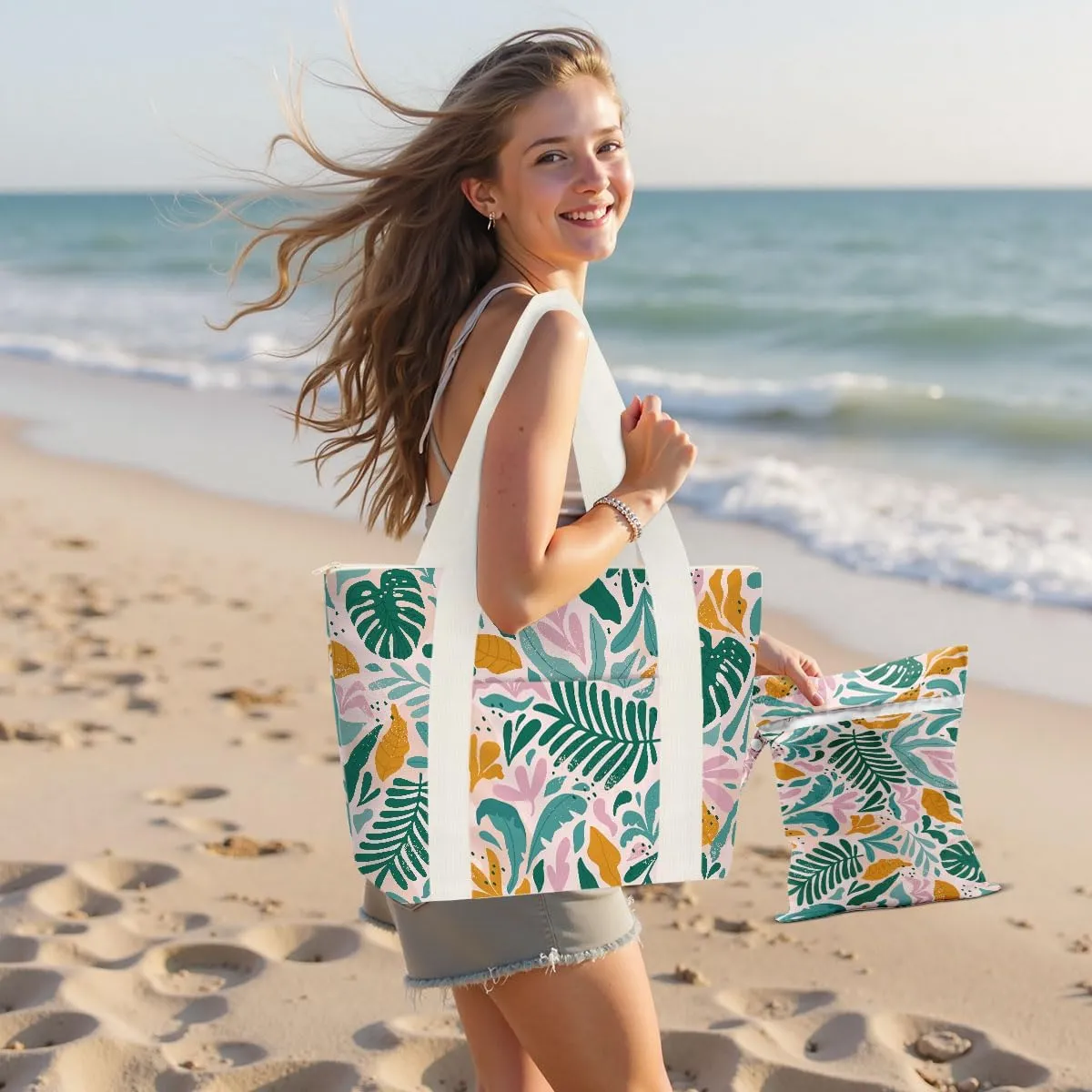 gfuhlre Beach Bag Wet Bag Waterproof Sandproof Women Beach Tote for Friends Travel Gifts with Wet Compartment for Pool Gym