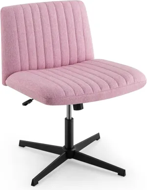 Giantex Criss Cross Chair, Fabric Cross Legged Office Desk Chairs No Wheels, Comfy Armless Makeup Vanity Chair, Adjustable Height, Mid Back Wide Seat Computer Swivel Task Chair for Home Office (Pink)