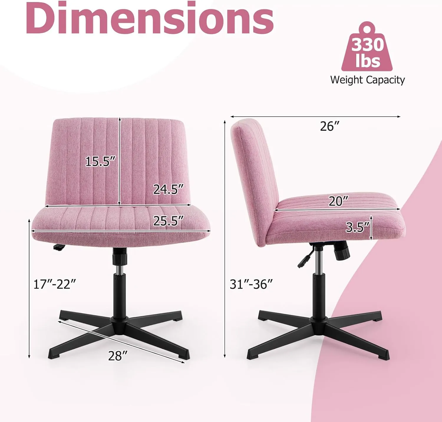 Giantex Criss Cross Chair, Fabric Cross Legged Office Desk Chairs No Wheels, Comfy Armless Makeup Vanity Chair, Adjustable Height, Mid Back Wide Seat Computer Swivel Task Chair for Home Office (Pink)