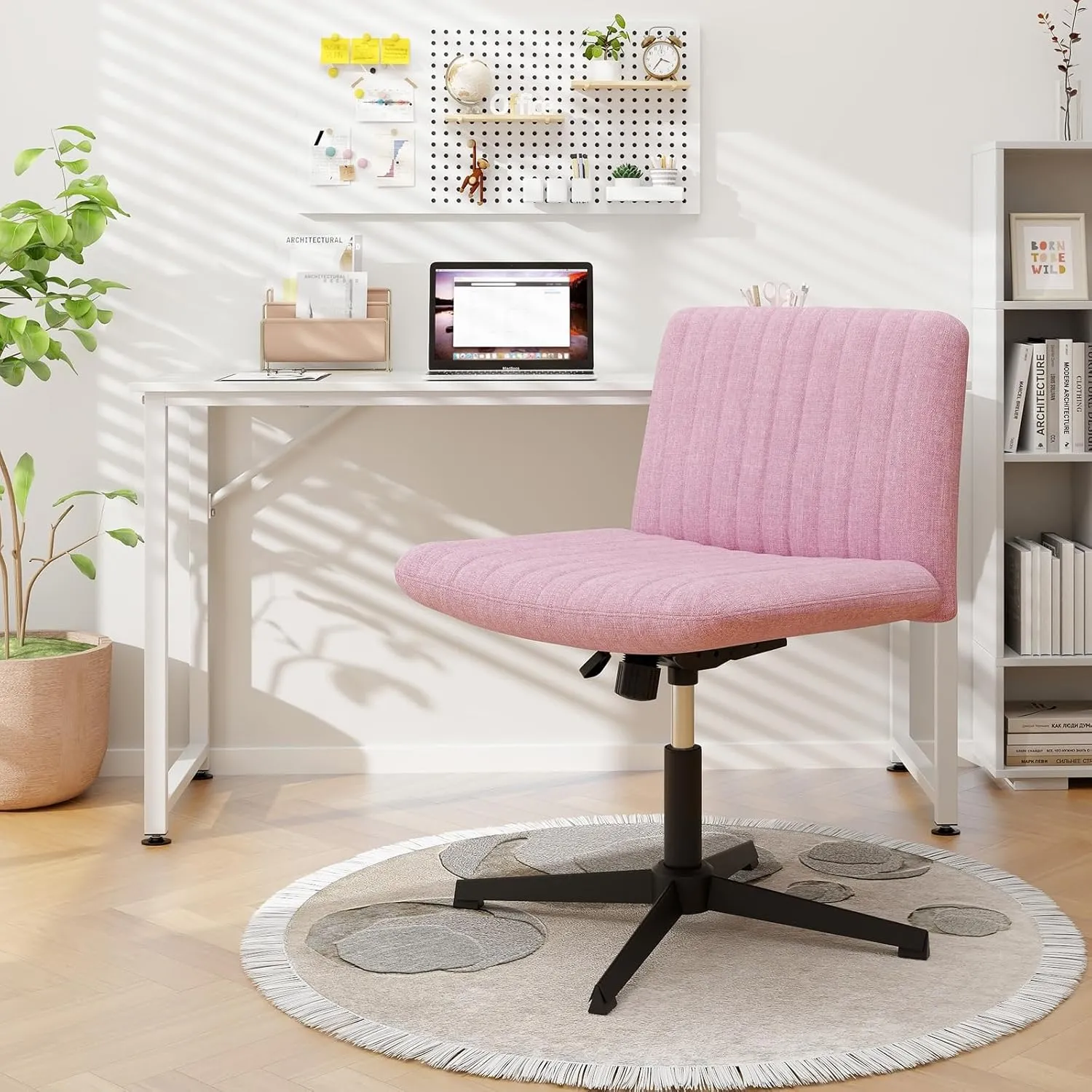 Giantex Criss Cross Chair, Fabric Cross Legged Office Desk Chairs No Wheels, Comfy Armless Makeup Vanity Chair, Adjustable Height, Mid Back Wide Seat Computer Swivel Task Chair for Home Office (Pink)