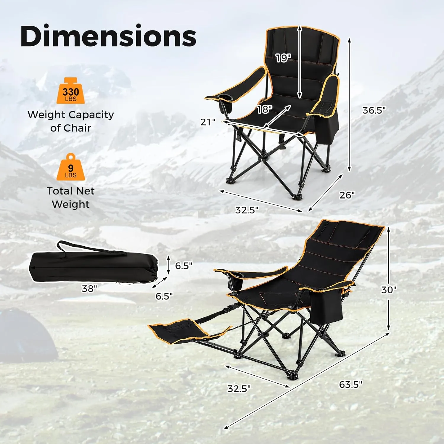 Giantex Hammock Camping Chair, Folding Chairs for Outside, Foldable Chair with Footrest, Adjustable Backrest, Padded Cushion, Carry Bag, Cup Holder, Collapsible Chair for Backpacking, Beach (2, Black)