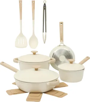 Gibson Elite Folkstone 13 Piece Pots and Pans Durable Cast Aluminum PFA Free Non stick Ceramic Coating Cookware Set W/Kitchen Tools and Protective Felts - Induction Safe - Linen White W/Wood Handle