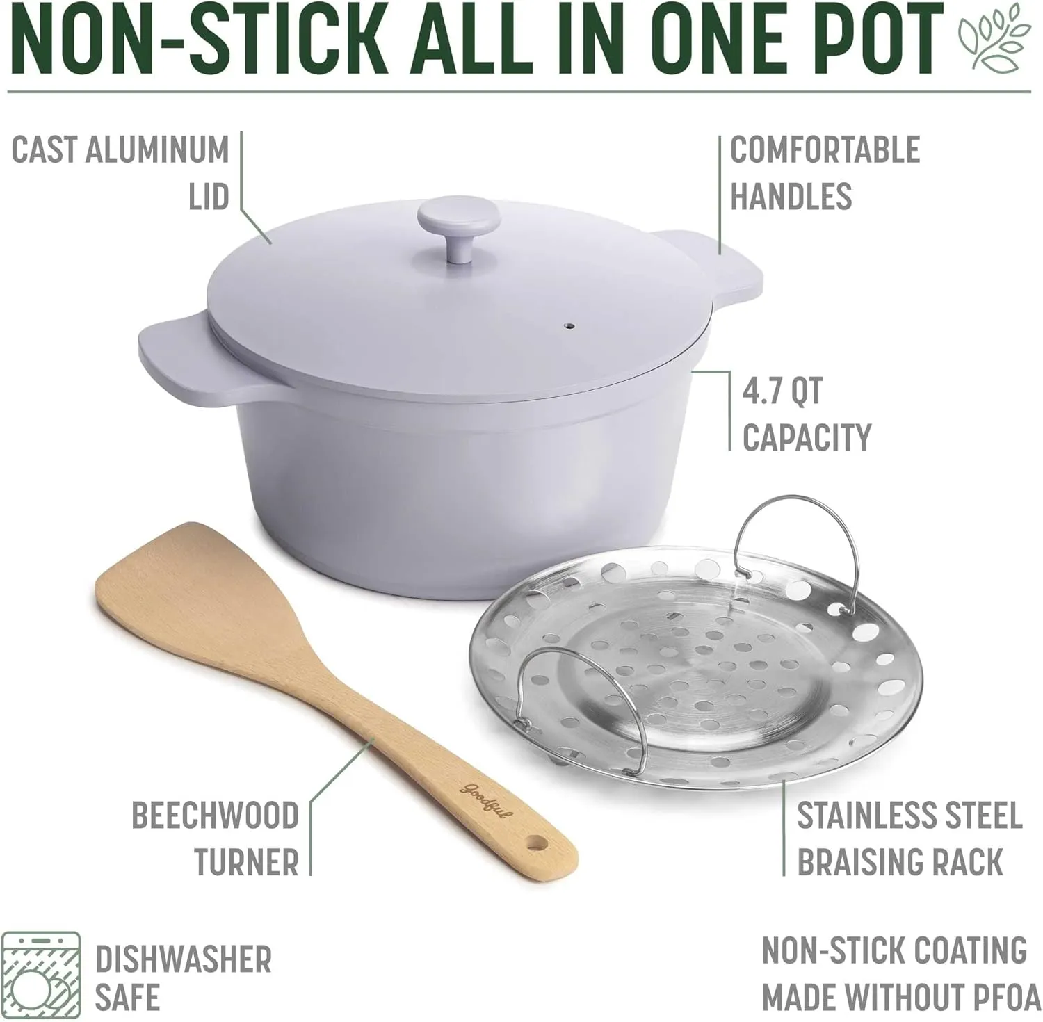 Goodful All-In-One Pot, Multilayer Nonstick, High Performance Cast Dutch Oven With Matching Lid, Roasting Rack And Turner, Made Without PFOA, Dishwasher Safe Cookware, 4.7-Quart, Lilac Frost