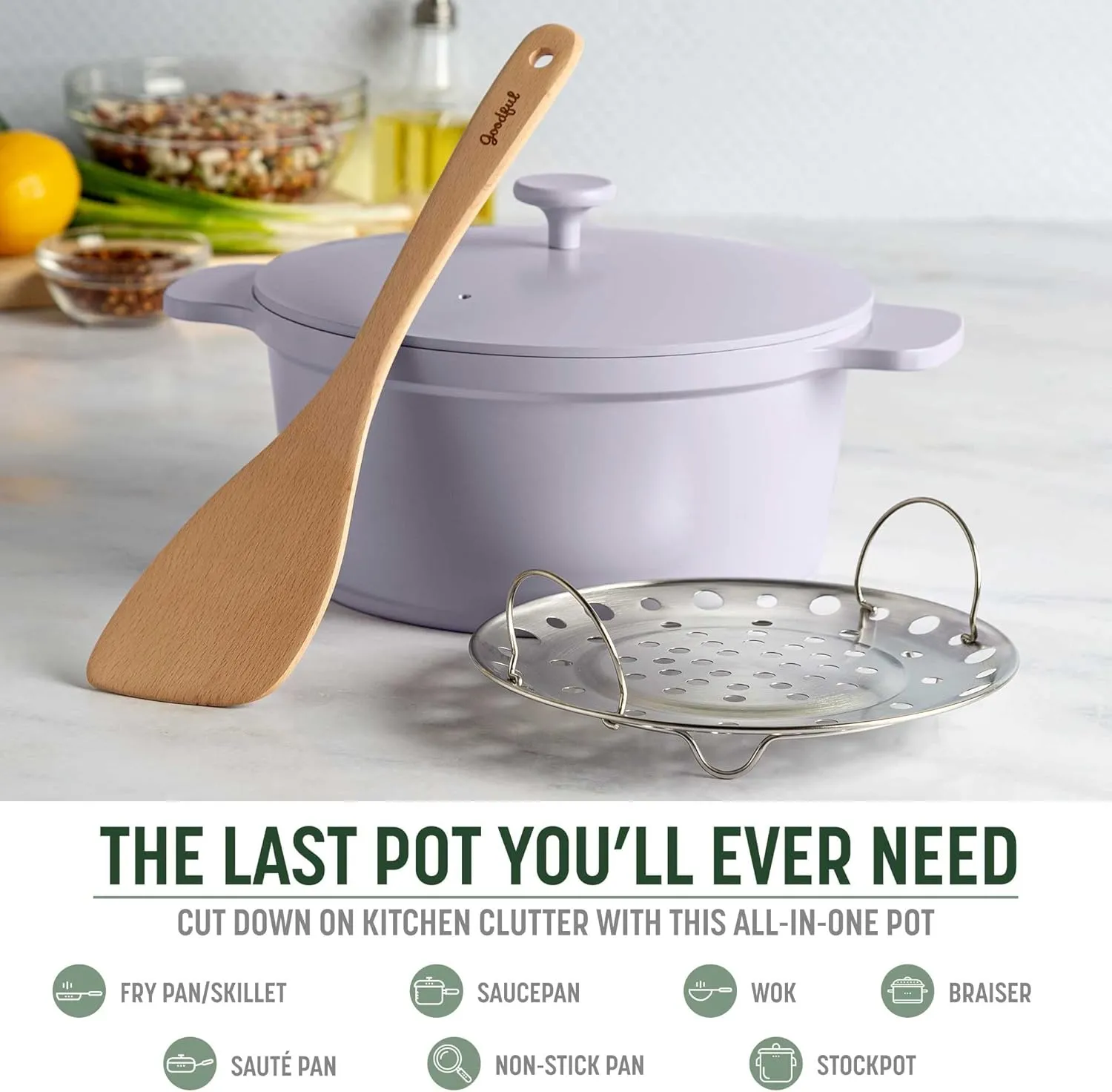 Goodful All-In-One Pot, Multilayer Nonstick, High Performance Cast Dutch Oven With Matching Lid, Roasting Rack And Turner, Made Without PFOA, Dishwasher Safe Cookware, 4.7-Quart, Lilac Frost