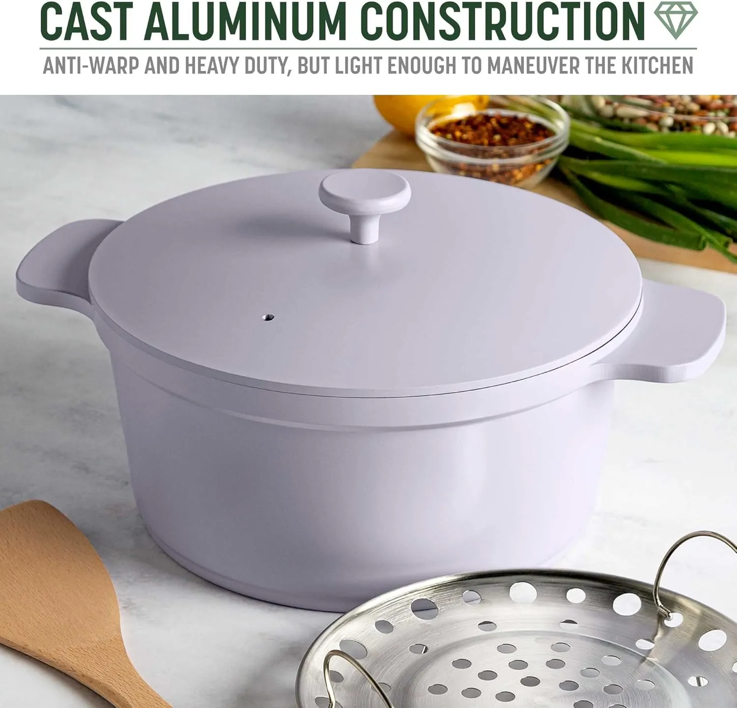 Goodful All-In-One Pot, Multilayer Nonstick, High Performance Cast Dutch Oven With Matching Lid, Roasting Rack And Turner, Made Without PFOA, Dishwasher Safe Cookware, 4.7-Quart, Lilac Frost