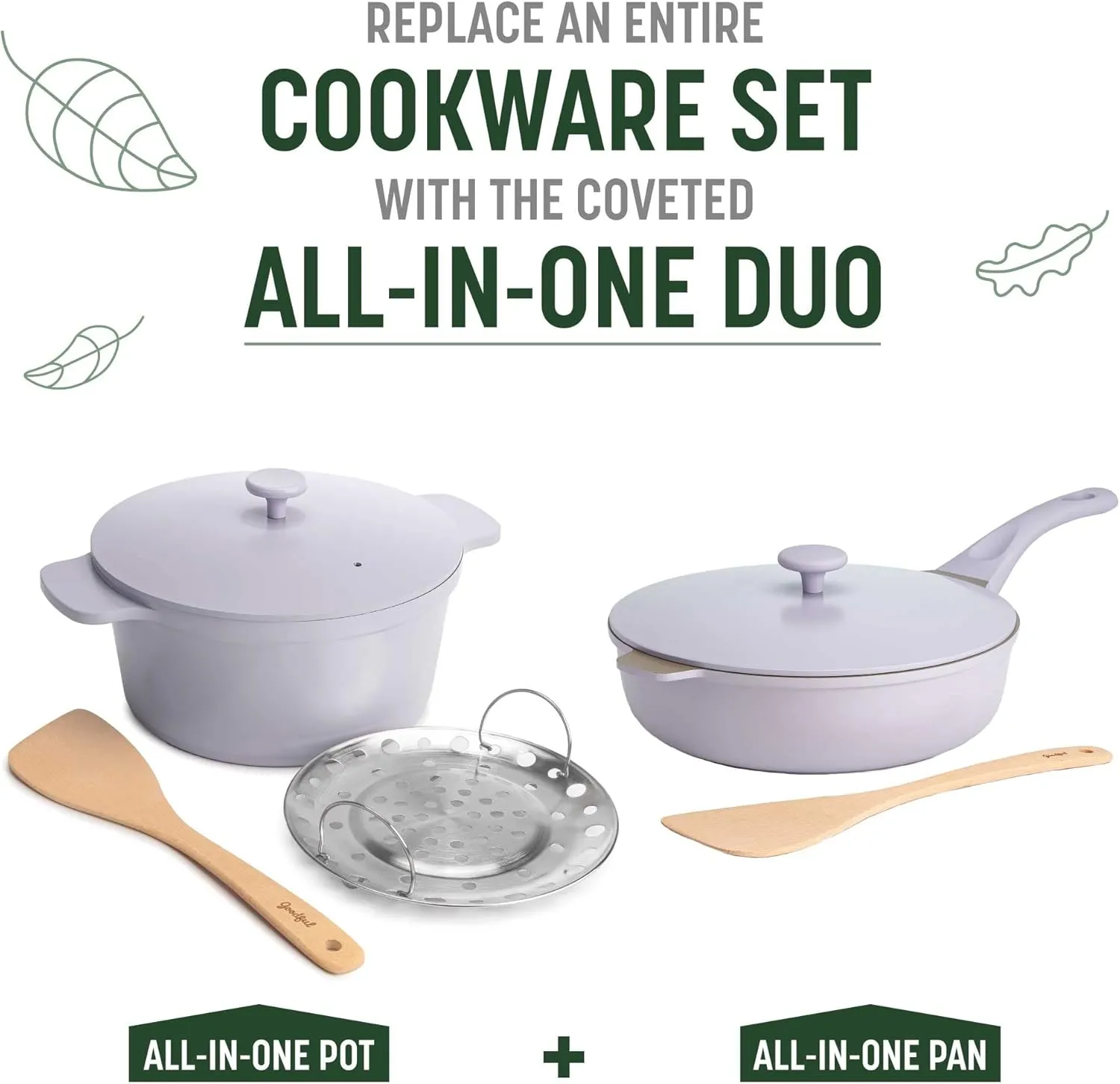 Goodful All-In-One Pot, Multilayer Nonstick, High Performance Cast Dutch Oven With Matching Lid, Roasting Rack And Turner, Made Without PFOA, Dishwasher Safe Cookware, 4.7-Quart, Lilac Frost