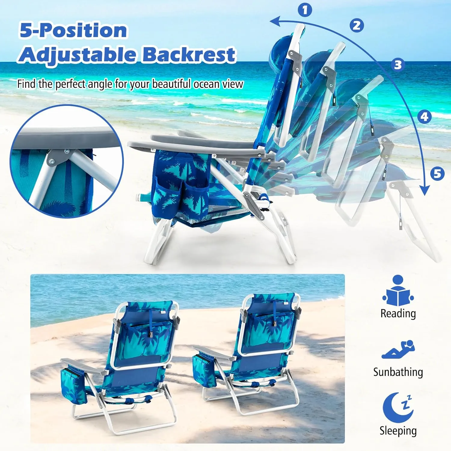 Goplus Beach Chair, Folding Backpack Beach Chairs for Adults with 5 Positions, Head Pillow, Cooler Bag, Towel Bar, Cup Holders, Sunbath Sling Tanning Lounge, Foldable Layout Camping Chairs