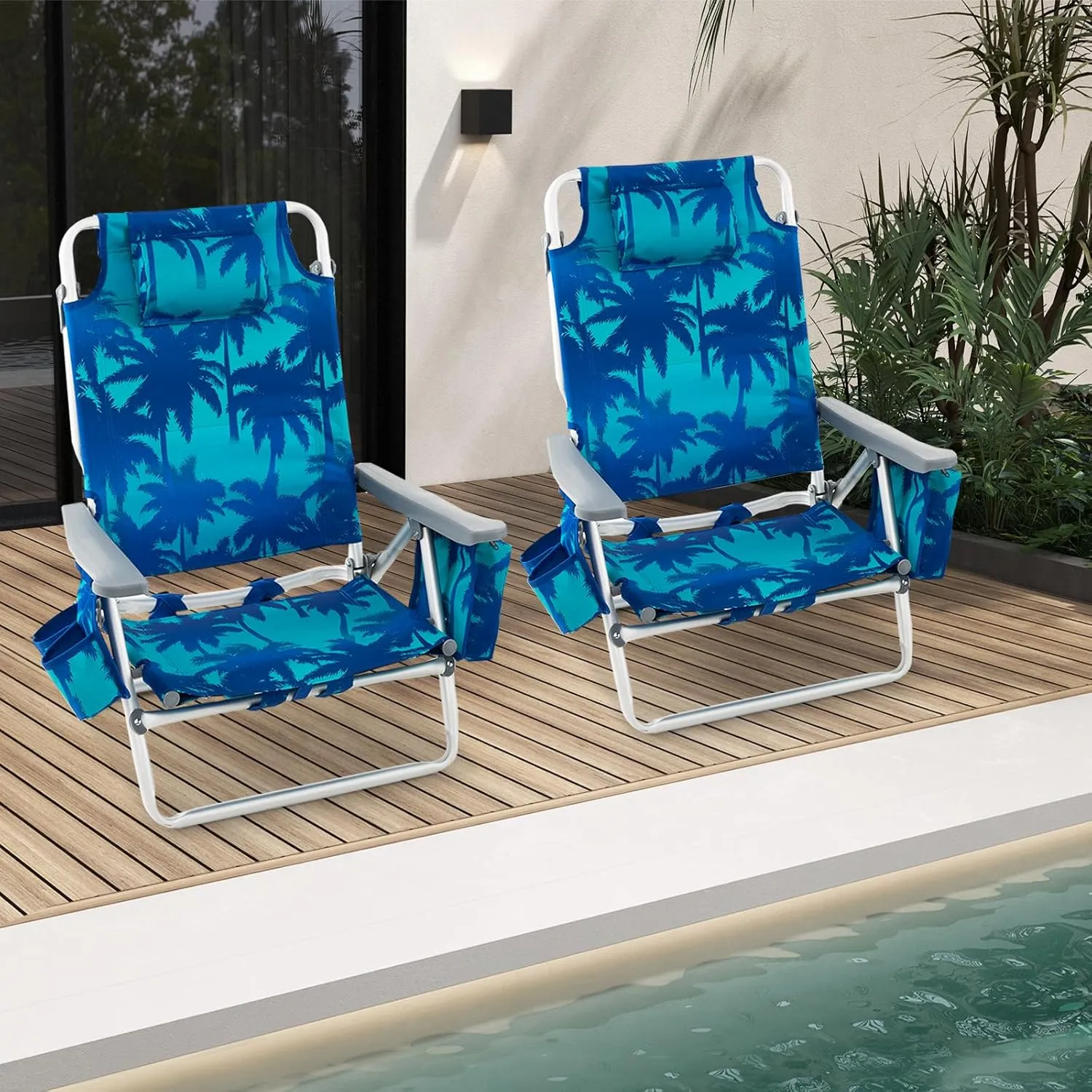 Goplus Beach Chair, Folding Backpack Beach Chairs for Adults with 5 Positions, Head Pillow, Cooler Bag, Towel Bar, Cup Holders, Sunbath Sling Tanning Lounge, Foldable Layout Camping Chairs