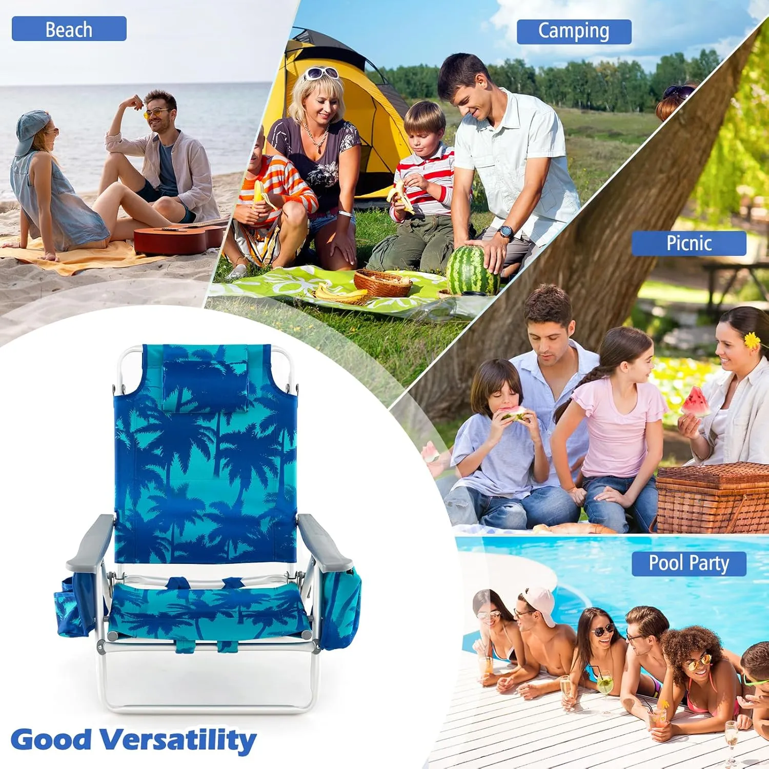 Goplus Beach Chair, Folding Backpack Beach Chairs for Adults with 5 Positions, Head Pillow, Cooler Bag, Towel Bar, Cup Holders, Sunbath Sling Tanning Lounge, Foldable Layout Camping Chairs