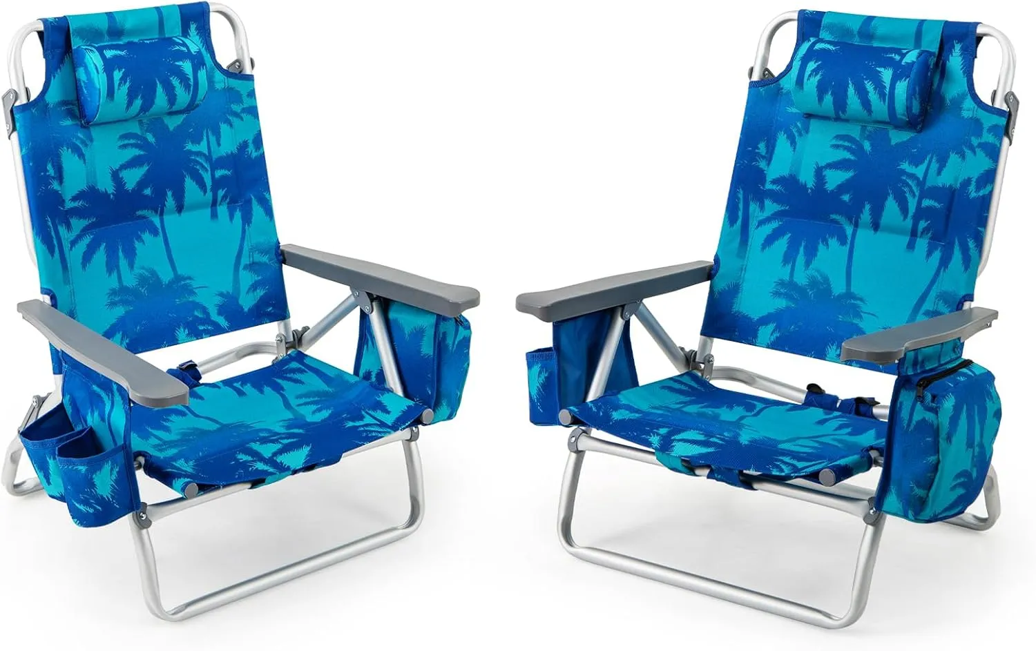 Goplus Beach Chair, Folding Backpack Beach Chairs for Adults with 5 Positions, Head Pillow, Cooler Bag, Towel Bar, Cup Holders, Sunbath Sling Tanning Lounge, Foldable Layout Camping Chairs