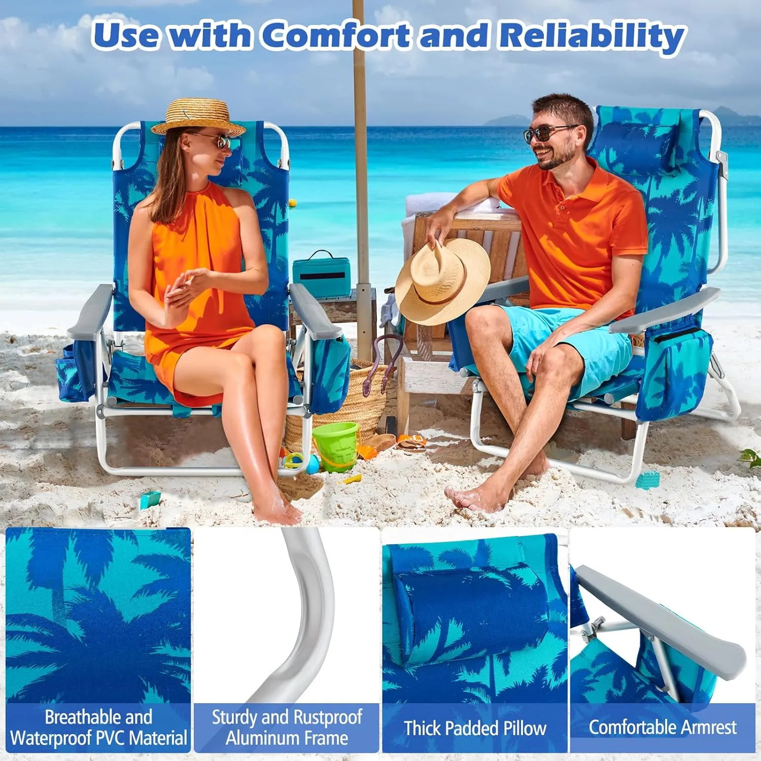 Goplus Beach Chair, Folding Backpack Beach Chairs for Adults with 5 Positions, Head Pillow, Cooler Bag, Towel Bar, Cup Holders, Sunbath Sling Tanning Lounge, Foldable Layout Camping Chairs