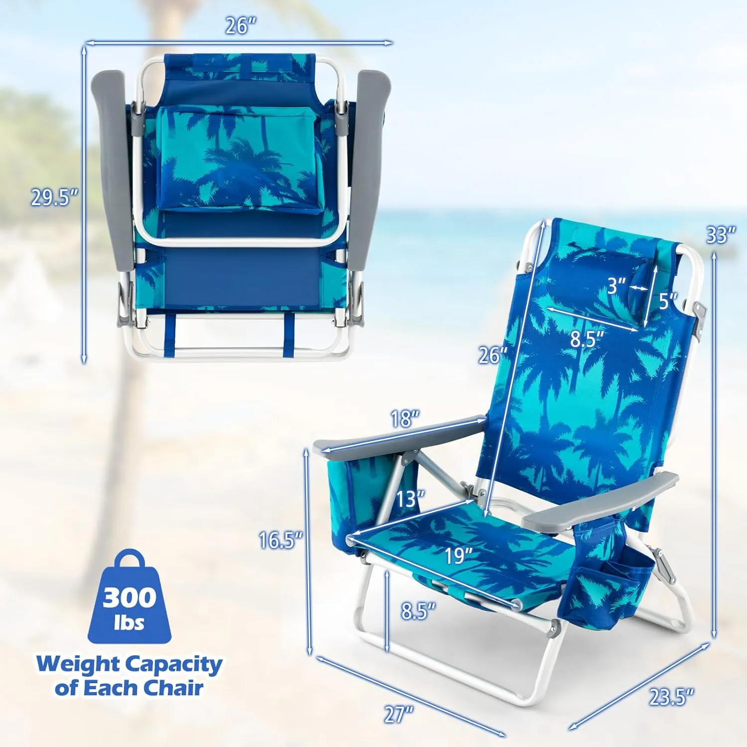 Goplus Beach Chair, Folding Backpack Beach Chairs for Adults with 5 Positions, Head Pillow, Cooler Bag, Towel Bar, Cup Holders, Sunbath Sling Tanning Lounge, Foldable Layout Camping Chairs