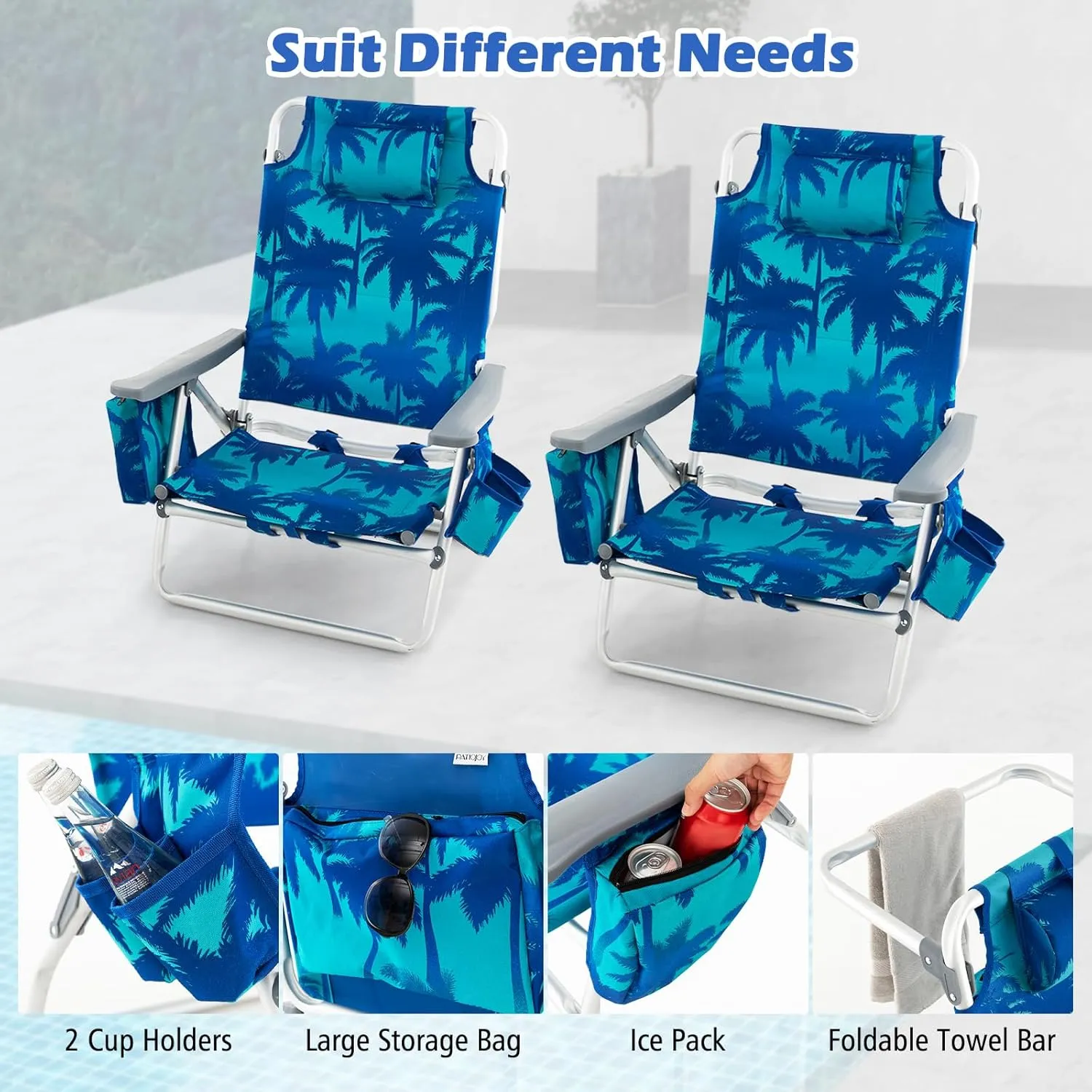 Goplus Beach Chair, Folding Backpack Beach Chairs for Adults with 5 Positions, Head Pillow, Cooler Bag, Towel Bar, Cup Holders, Sunbath Sling Tanning Lounge, Foldable Layout Camping Chairs