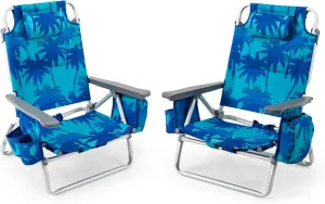 Goplus Beach Chair, Folding Backpack Beach Chairs for Adults with 5 Positions, Head Pillow, Cooler Bag, Towel Bar, Cup Holders, Sunbath Sling Tanning Lounge, Foldable Layout Camping Chairs
