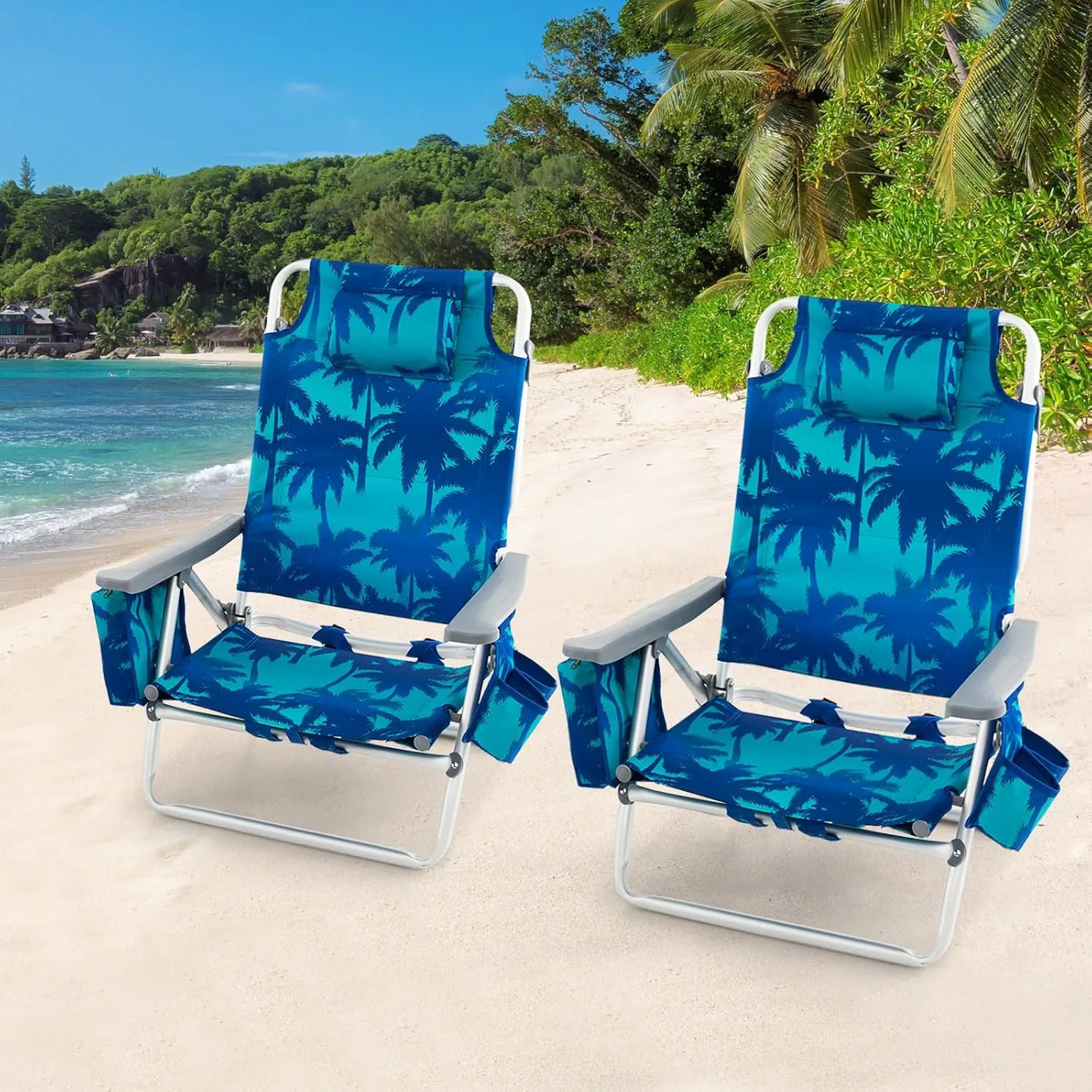 Goplus Beach Chair, Folding Backpack Beach Chairs for Adults with 5 Positions, Head Pillow, Cooler Bag, Towel Bar, Cup Holders, Sunbath Sling Tanning Lounge, Foldable Layout Camping Chairs