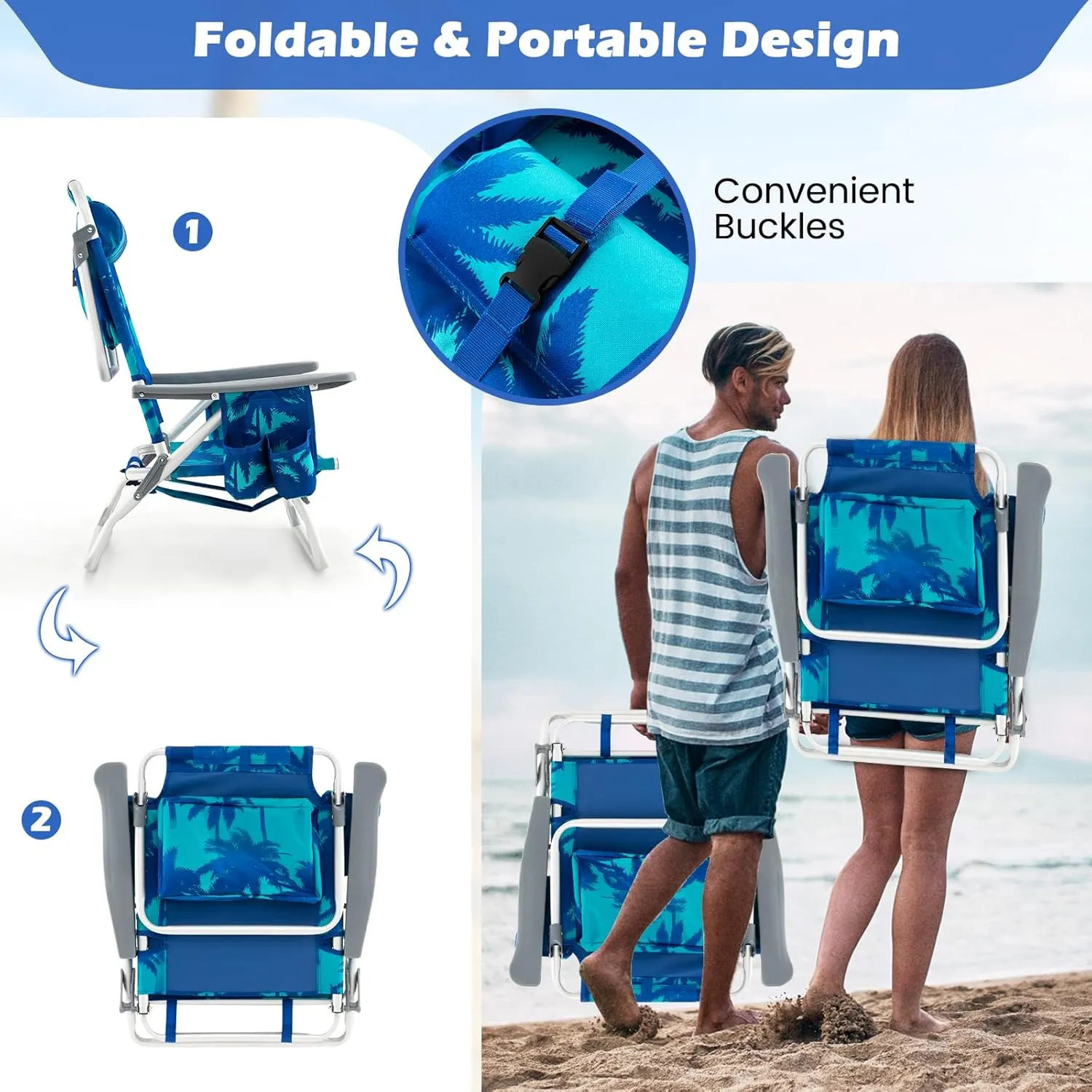 Goplus Beach Chair, Folding Backpack Beach Chairs for Adults with 5 Positions, Head Pillow, Cooler Bag, Towel Bar, Cup Holders, Sunbath Sling Tanning Lounge, Foldable Layout Camping Chairs