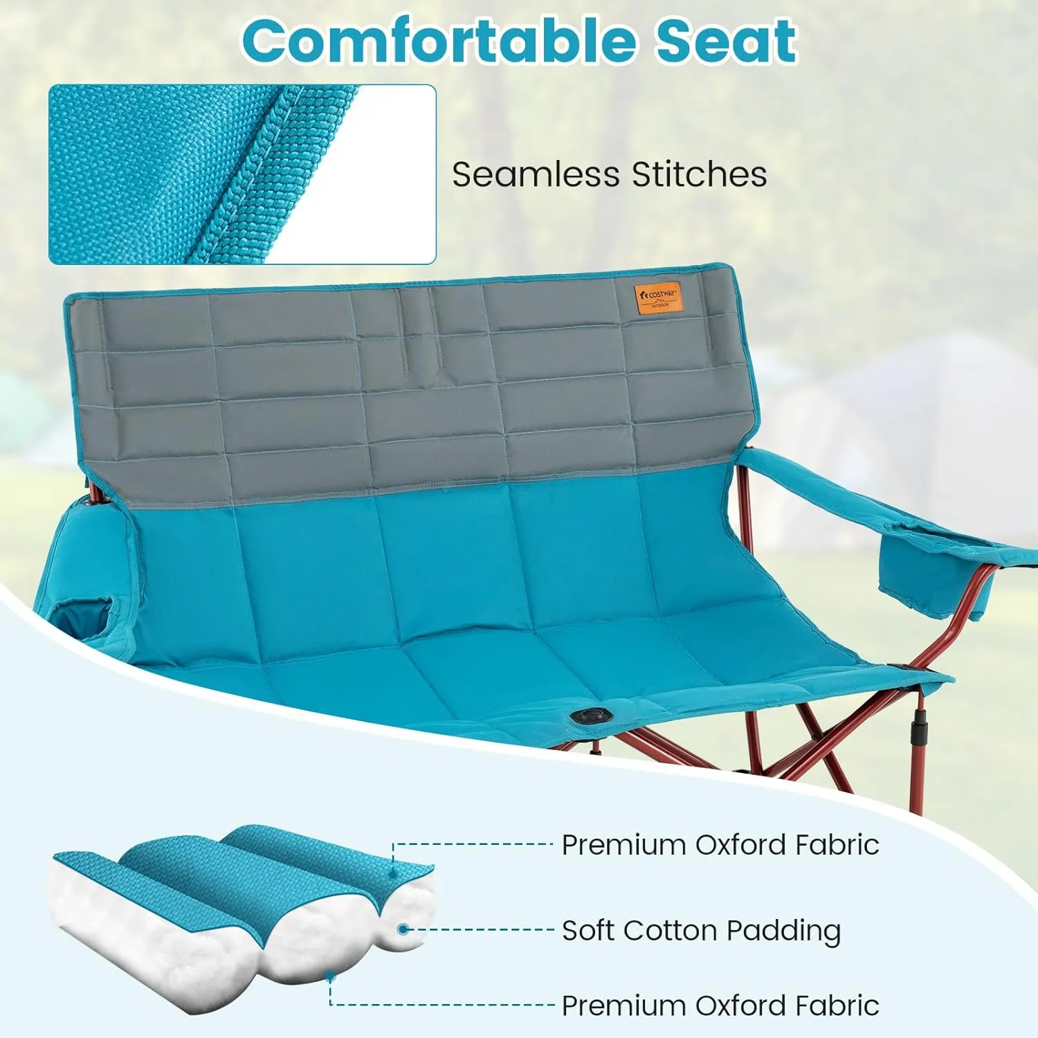 Goplus Double Camping Chair for Adults, Low Outdoor Folding Loveseat Couch Chair w/Cup Holders Thick Padding, Heavy-Duty 2 Person Lawn Chair for Beach Picnic Travel Supports 660 LBS(2-Person Seat)