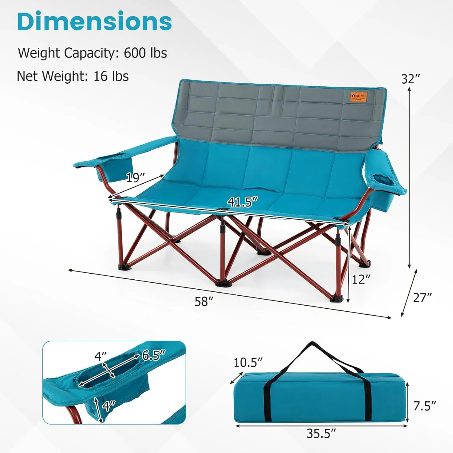 Goplus Double Camping Chair for Adults, Low Outdoor Folding Loveseat Couch Chair w/Cup Holders Thick Padding, Heavy-Duty 2 Person Lawn Chair for Beach Picnic Travel Supports 660 LBS(2-Person Seat)