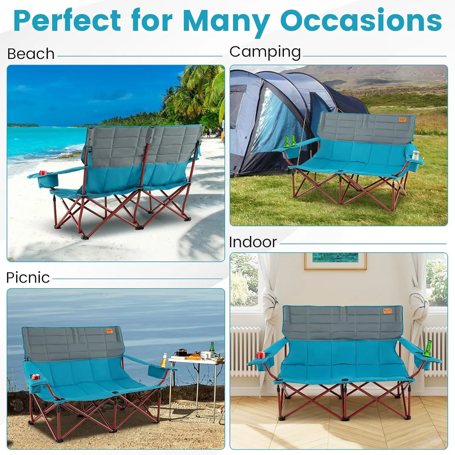 Goplus Double Camping Chair for Adults, Low Outdoor Folding Loveseat Couch Chair w/Cup Holders Thick Padding, Heavy-Duty 2 Person Lawn Chair for Beach Picnic Travel Supports 660 LBS(2-Person Seat)