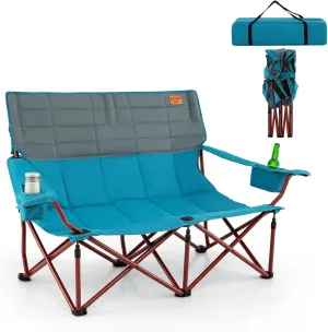 Goplus Double Camping Chair for Adults, Low Outdoor Folding Loveseat Couch Chair w/Cup Holders Thick Padding, Heavy-Duty 2 Person Lawn Chair for Beach Picnic Travel Supports 660 LBS(2-Person Seat)