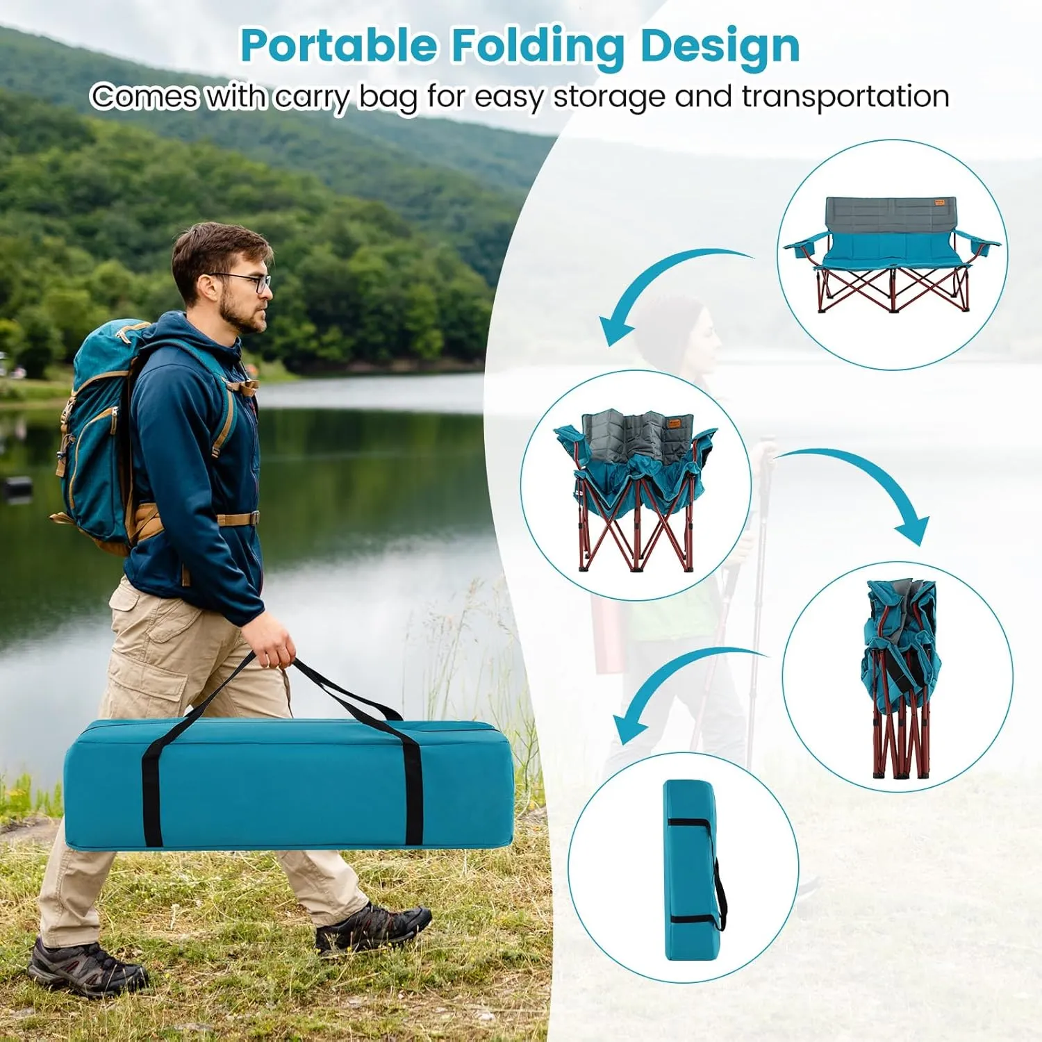 Goplus Double Camping Chair for Adults, Low Outdoor Folding Loveseat Couch Chair w/Cup Holders Thick Padding, Heavy-Duty 2 Person Lawn Chair for Beach Picnic Travel Supports 660 LBS(2-Person Seat)