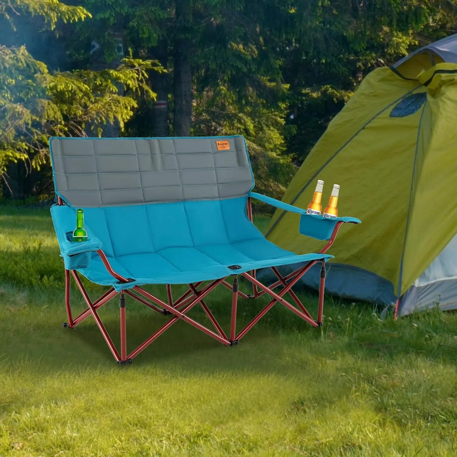 Goplus Double Camping Chair for Adults, Low Outdoor Folding Loveseat Couch Chair w/Cup Holders Thick Padding, Heavy-Duty 2 Person Lawn Chair for Beach Picnic Travel Supports 660 LBS(2-Person Seat)
