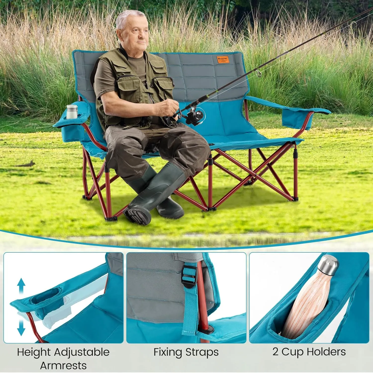Goplus Double Camping Chair for Adults, Low Outdoor Folding Loveseat Couch Chair w/Cup Holders Thick Padding, Heavy-Duty 2 Person Lawn Chair for Beach Picnic Travel Supports 660 LBS(2-Person Seat)