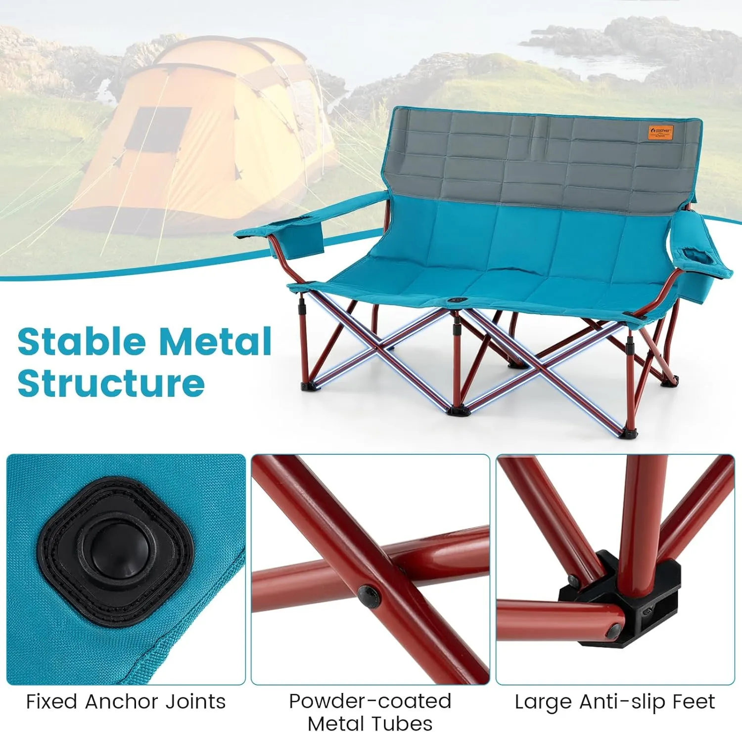 Goplus Double Camping Chair for Adults, Low Outdoor Folding Loveseat Couch Chair w/Cup Holders Thick Padding, Heavy-Duty 2 Person Lawn Chair for Beach Picnic Travel Supports 660 LBS(2-Person Seat)