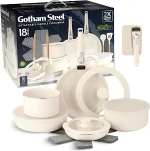 Gotham-Steel 18pc Nonstick Ceramic Cookware Set, Detachable Handles, Induction Compatible, Frying Skillets, Pots, Lids, Storage Covers, Kitchen Utensils, Space Saving, Oven Safe, Cream Finish