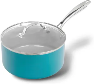 Gotham Steel Aqua Blue 3 Quart Saucepan with Lid, Ultra Nonstick Sauce Pan Small Pot with Lid, Ceramic Nonstick Saucepan 3 Quart, Small Sauce 3 Qt Pot, Oven & Dishwasher Safe, PFOA Free