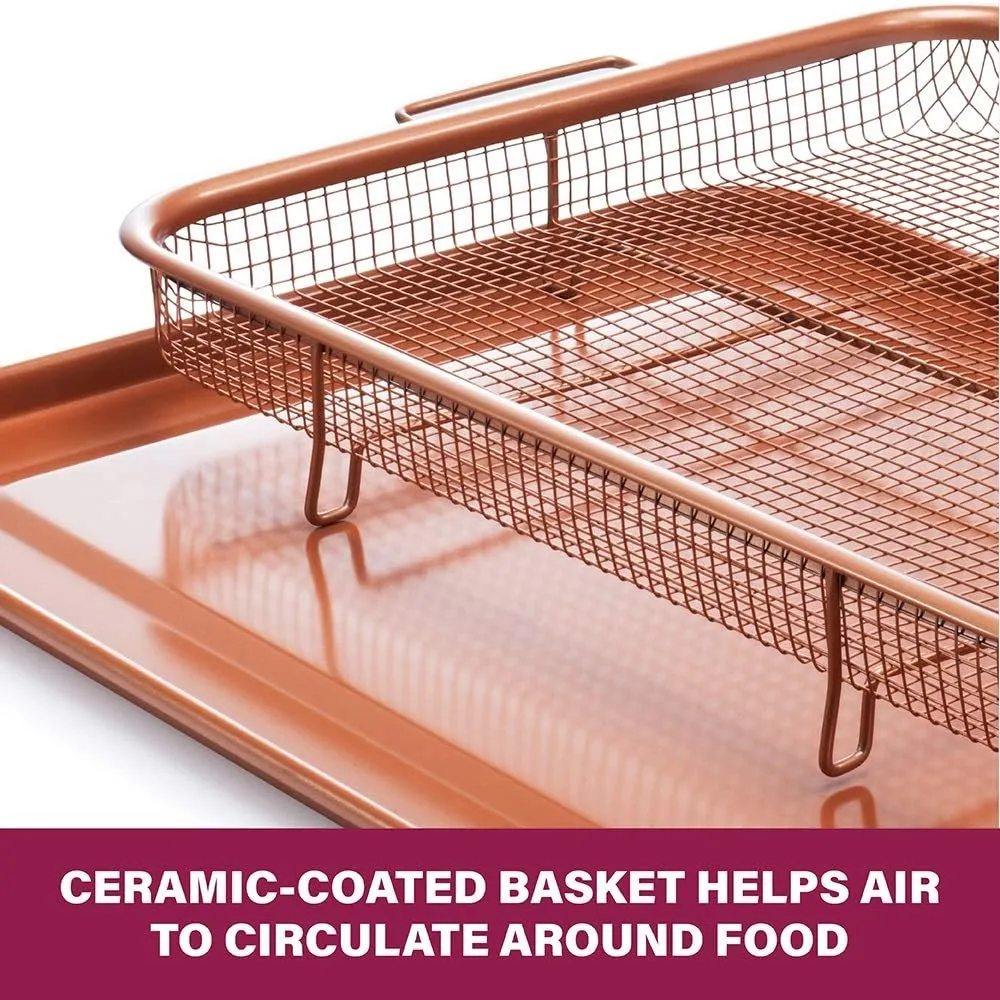 Gotham Steel Crisper Tray for Oven, 2 Piece Nonstick Copper Crisper Tray and Basket, Air Fry in your Oven, Great for Baking and Crispy Foods, As Seen on TV – Extra Large Size, 13.4” x 11.4”