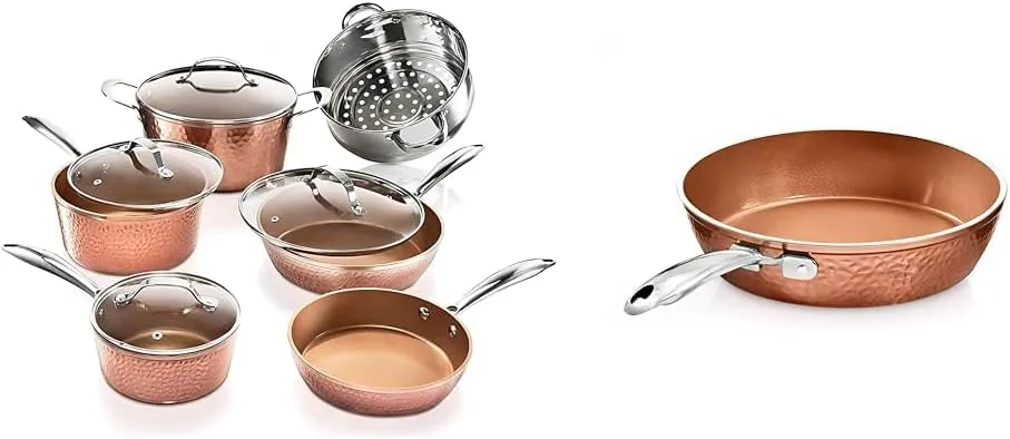Gotham Steel Hammered Copper 10 Pc Pots and Pans Set Non Stick Cookware Set & Hammered Copper 12 Inch Nonstick Skillet, Aluminum