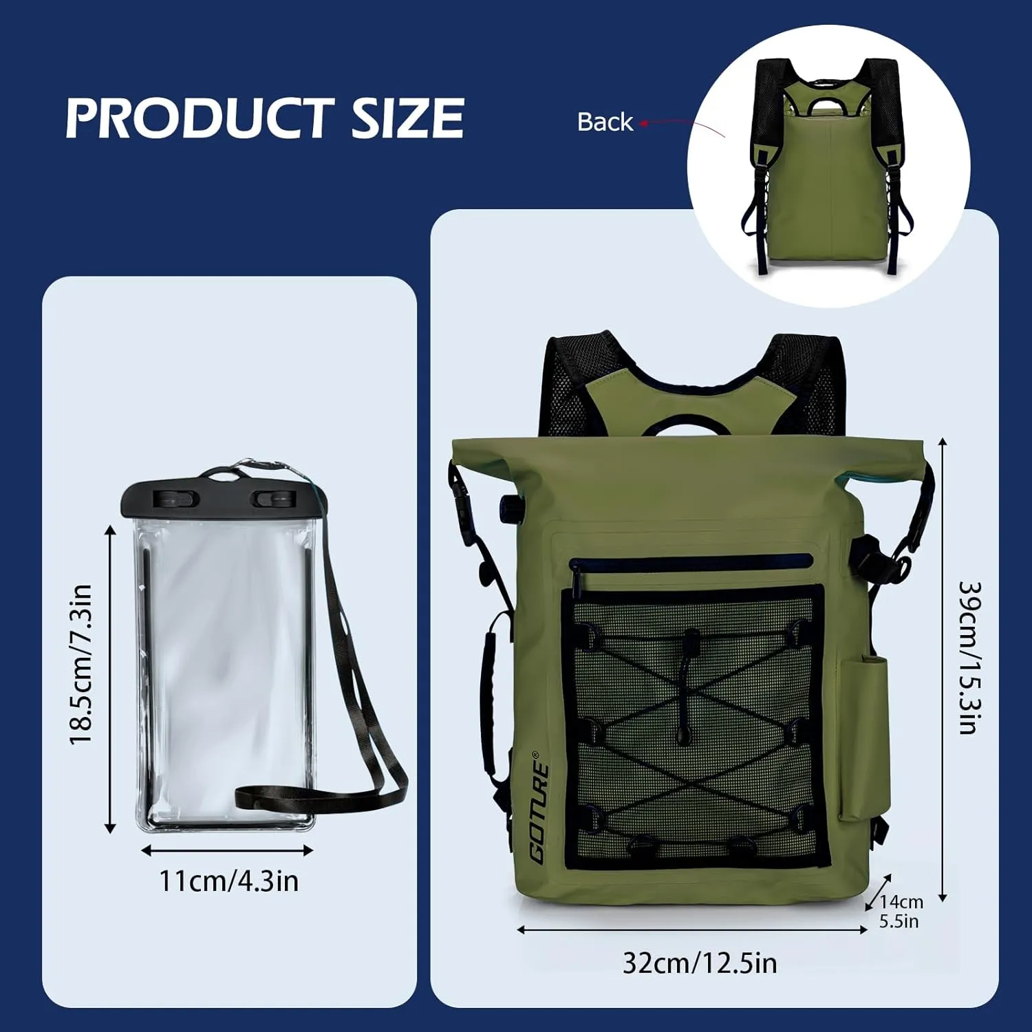 Goture Dry Bag Waterproof Backpack,20L Fishing Tackle Bag with Rod Holder,Padded Shoulder Straps and Air Exhaust Valve,500D PVC Dry Sack Bag with Phone Case for Kayaking,Boating,Fishing,Travel