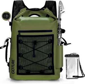 Goture Dry Bag Waterproof Backpack,20L Fishing Tackle Bag with Rod Holder,Padded Shoulder Straps and Air Exhaust Valve,500D PVC Dry Sack Bag with Phone Case for Kayaking,Boating,Fishing,Travel