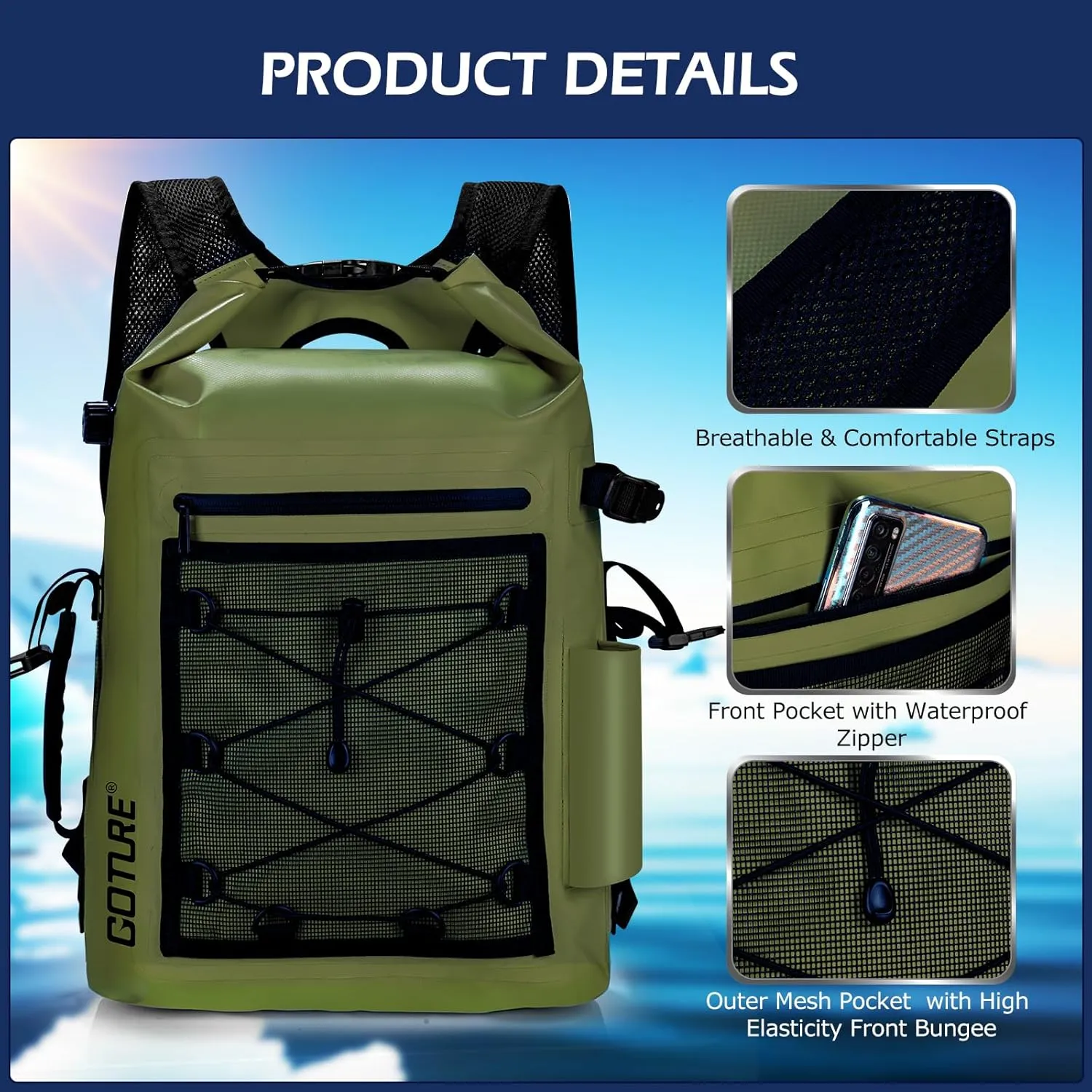 Goture Dry Bag Waterproof Backpack,20L Fishing Tackle Bag with Rod Holder,Padded Shoulder Straps and Air Exhaust Valve,500D PVC Dry Sack Bag with Phone Case for Kayaking,Boating,Fishing,Travel