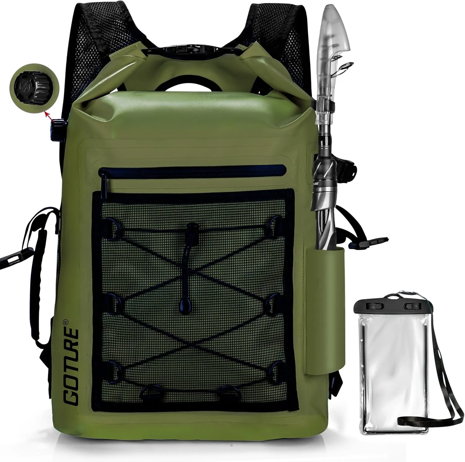 Goture Dry Bag Waterproof Backpack,20L Fishing Tackle Bag with Rod Holder,Padded Shoulder Straps and Air Exhaust Valve,500D PVC Dry Sack Bag with Phone Case for Kayaking,Boating,Fishing,Travel