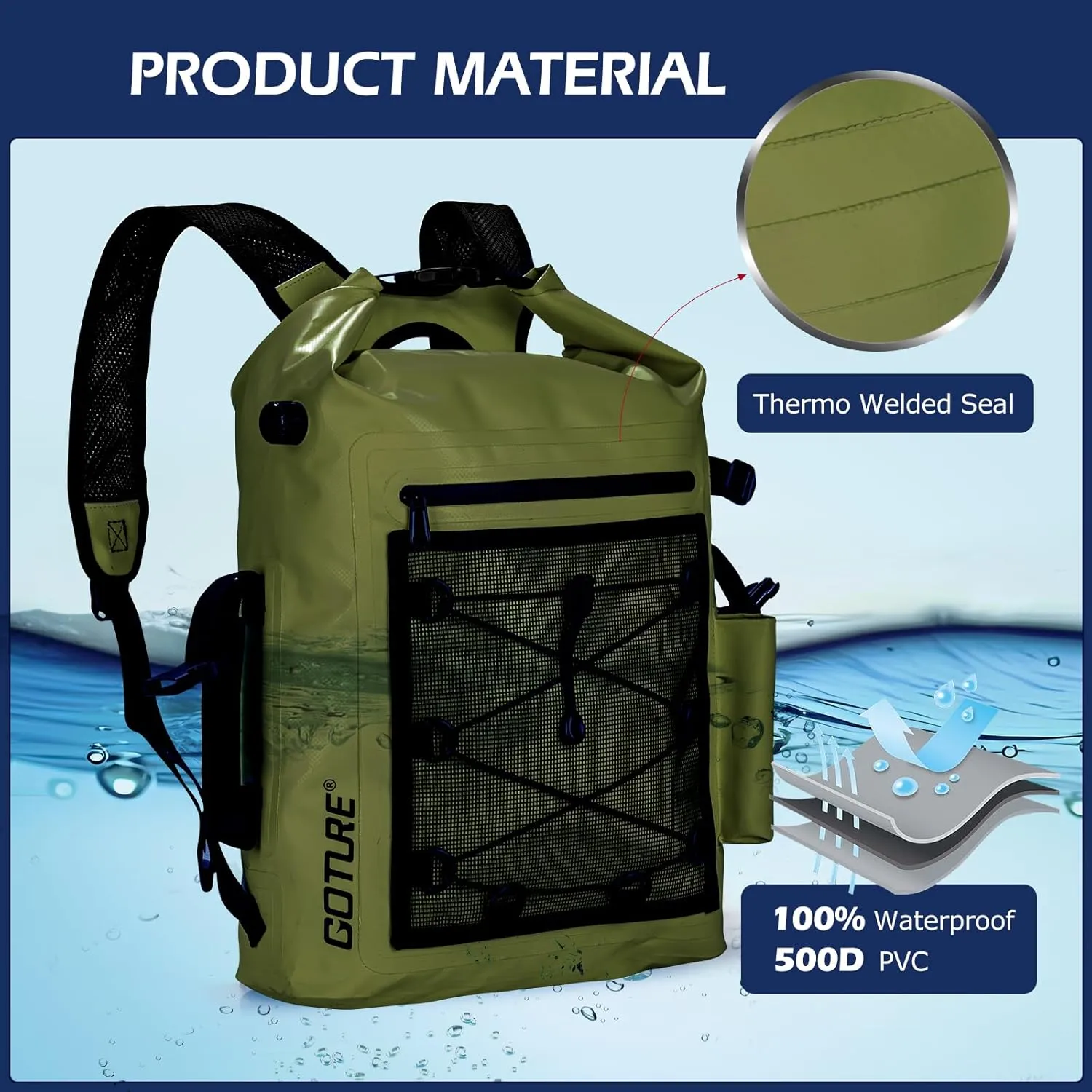 Goture Dry Bag Waterproof Backpack,20L Fishing Tackle Bag with Rod Holder,Padded Shoulder Straps and Air Exhaust Valve,500D PVC Dry Sack Bag with Phone Case for Kayaking,Boating,Fishing,Travel