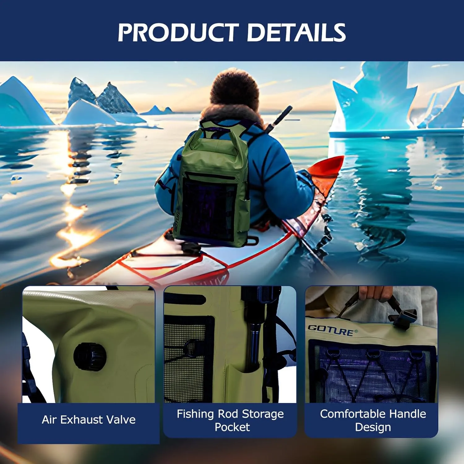 Goture Dry Bag Waterproof Backpack,20L Fishing Tackle Bag with Rod Holder,Padded Shoulder Straps and Air Exhaust Valve,500D PVC Dry Sack Bag with Phone Case for Kayaking,Boating,Fishing,Travel