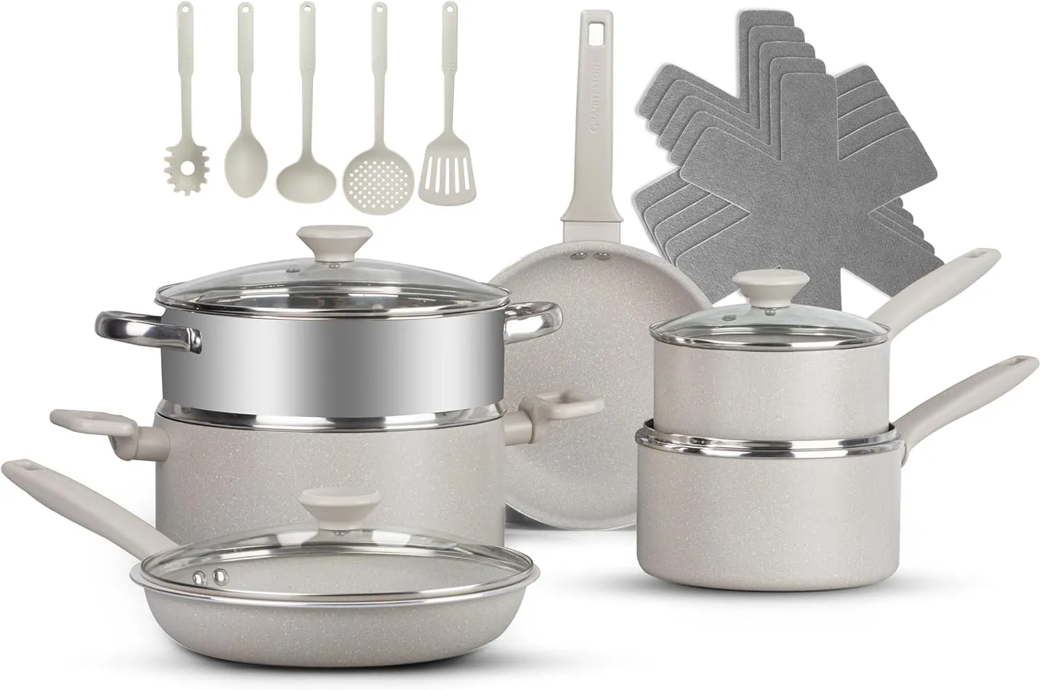 Granitestone Pots and Pans Set Nonstick Cookware Set 20 Pc Complete Kitchen Cookware Set with Non Stick Pots and Pans Set with Lids,Beige