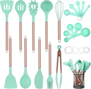Green Kitchen Utensil Set with Holder, 22 Pcs Silicone Cooking Utensils Set for Nonstick Cookware, Heat Resistance Spatula Set, Stainless Steel Handle Kitchen Gadgets Utensils Set