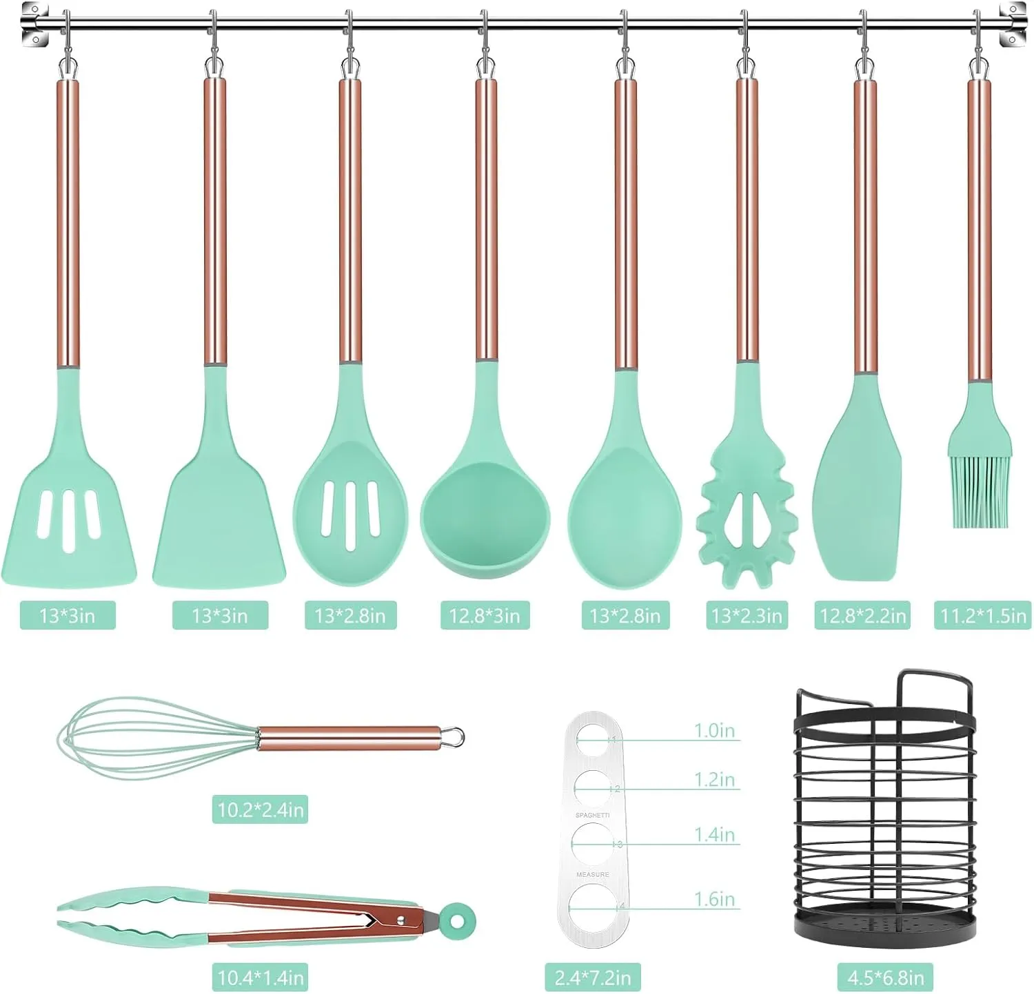 Green Kitchen Utensil Set with Holder, 22 Pcs Silicone Cooking Utensils Set for Nonstick Cookware, Heat Resistance Spatula Set, Stainless Steel Handle Kitchen Gadgets Utensils Set