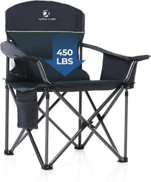 GREEN PARTY Oversized Folding Camping Chairs High Back Heavy Duty Padded Lawn Chair for Adults Support up to 450lbs with Cup Holder, Side Pocket Cooler Bag, Green