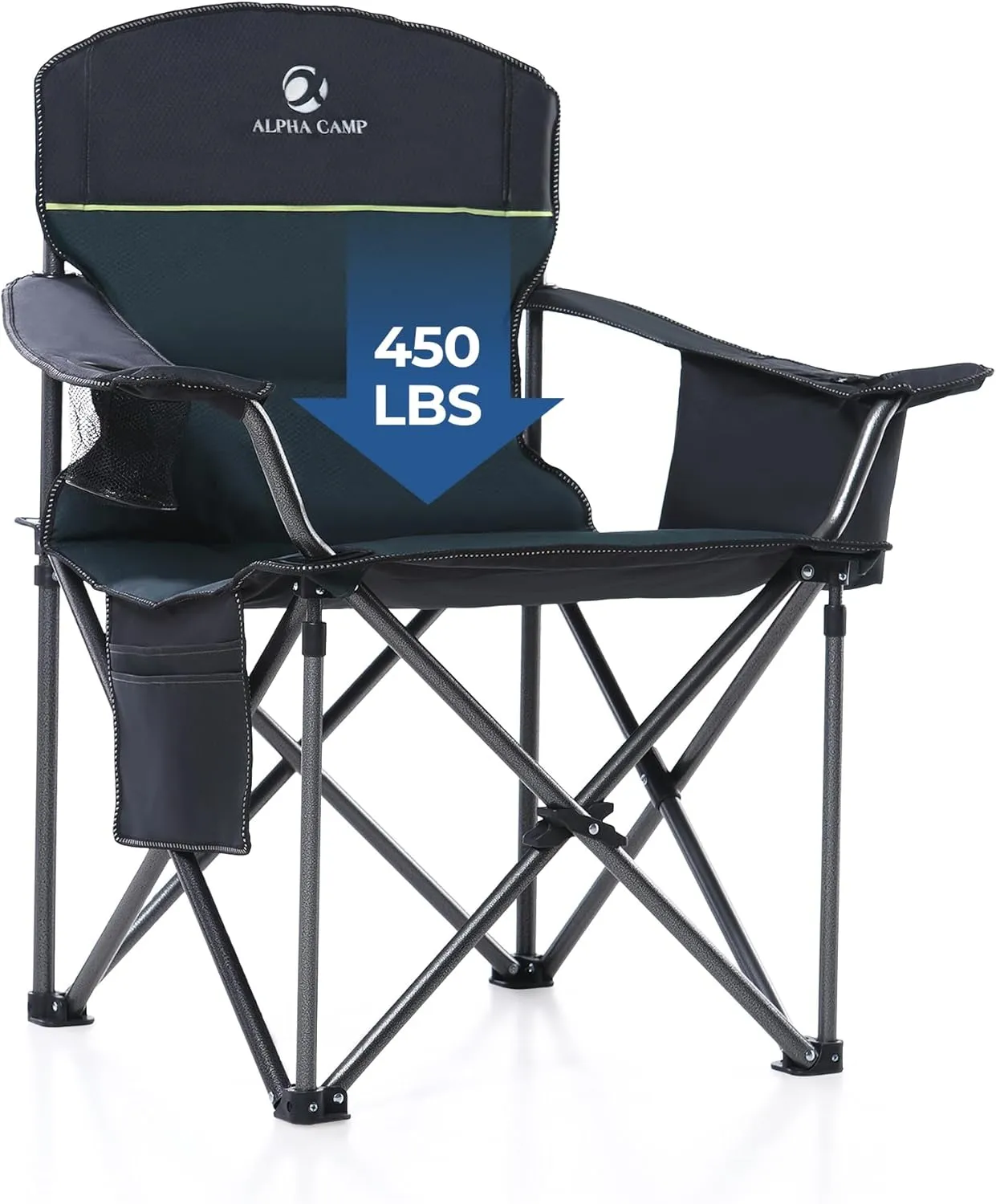 GREEN PARTY Oversized Folding Camping Chairs High Back Heavy Duty Padded Lawn Chair for Adults Support up to 450lbs with Cup Holder, Side Pocket Cooler Bag, Green